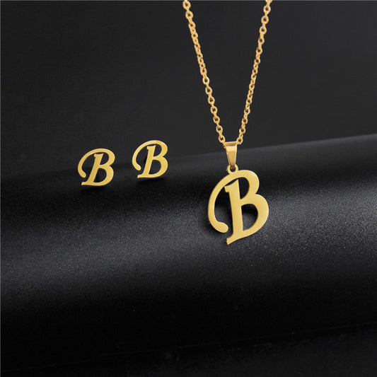 C717 Set de aretes y collar letra  B acero inoxidable 21cm largo 3cm dije 1cm aretes