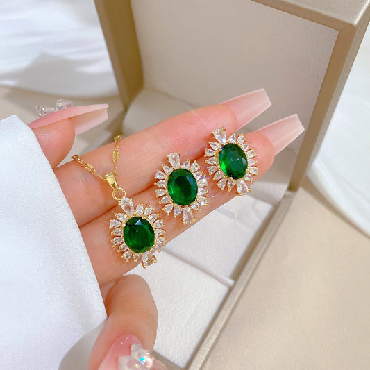 C740 Set collar aretes óvalo cristal verde cobre 22cm largo 1.5cm dije