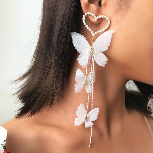 E3468 Aretes colgantes mariposa blanca ligeros de fiesta aleacion 16.5cm