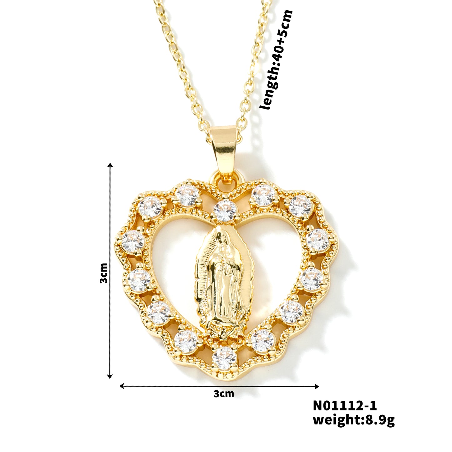 C849 Collar corazón virgen de Guadalupe acero inoxidable 22cm largo 3cm dije