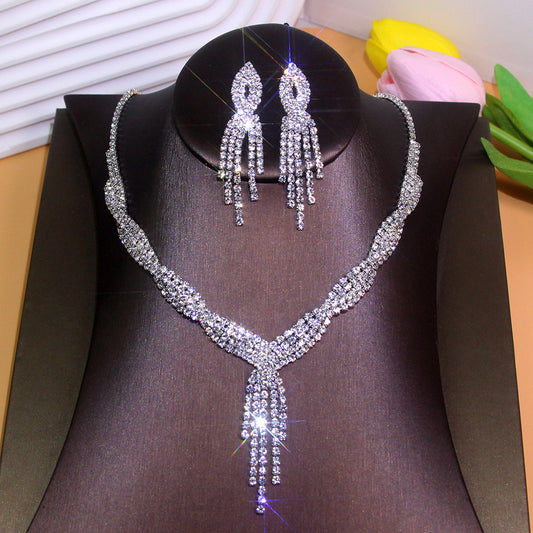 C964 Conjunto de collar y aretes brillantes fiesta aleacion 20cm,4.5cm