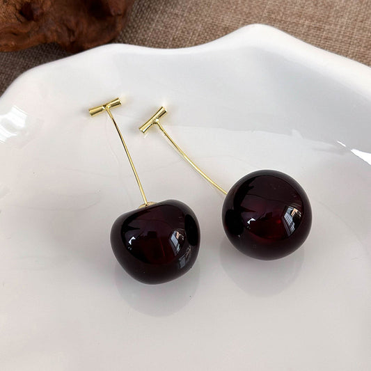 E3862 Aretes cereza grande redonda rojo oscuro 7cm resina