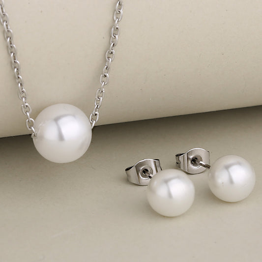 C952 Conjunto de aretes y collar perla plateado acero inoxidable 24cm largo