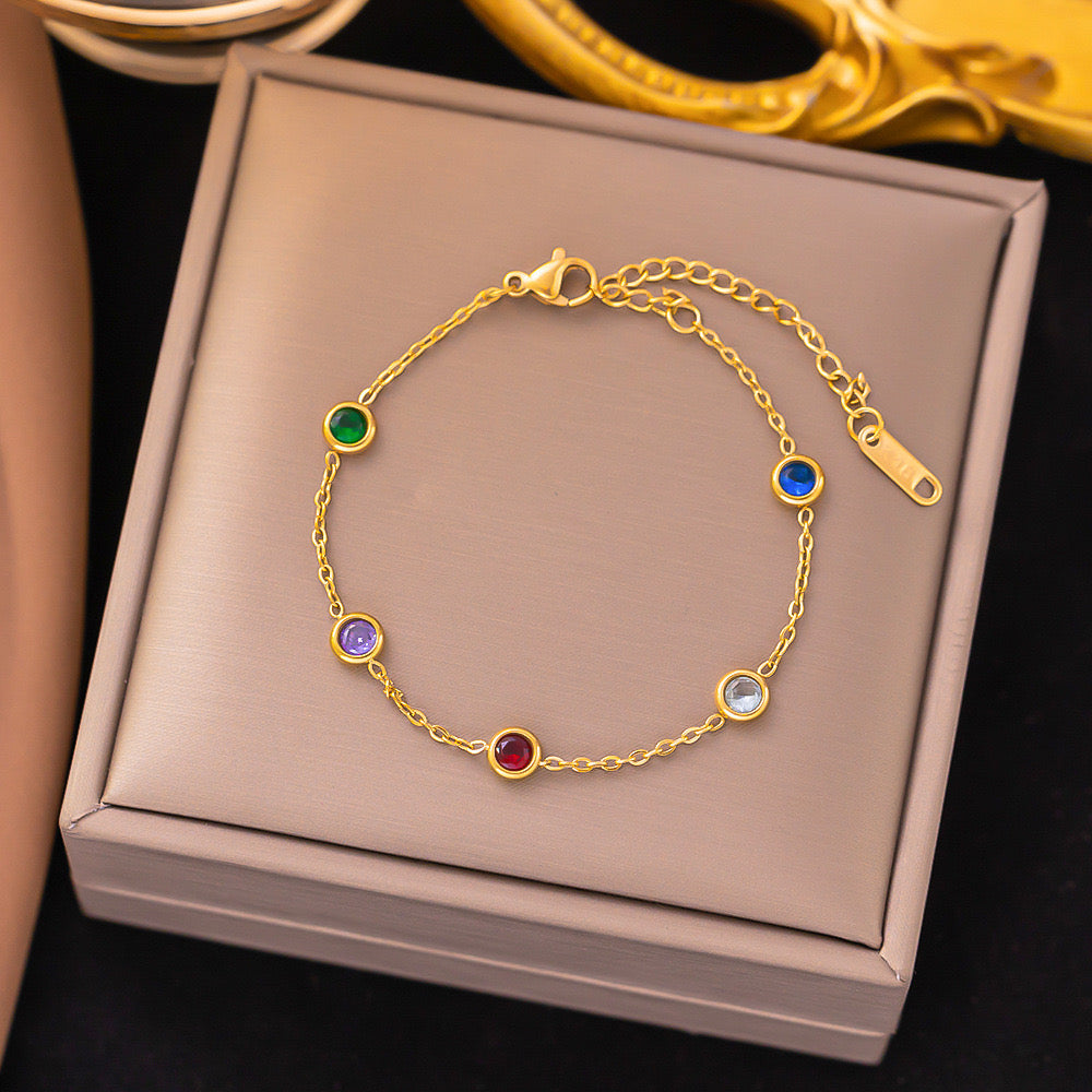 B404 Pulsera cristal de colores acero inoxidable chapado en oro de 18k  20cm