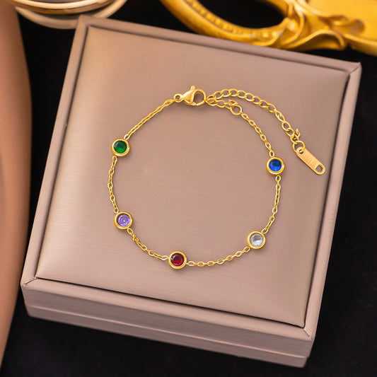 B404 Pulsera cristal de colores acero inoxidable chapado en oro de 18k  20cm
