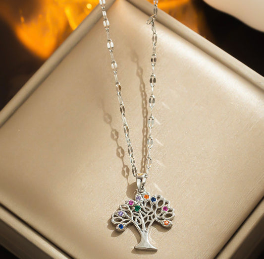 C1461 Collar arbol plateado diamantes de colores aleacion 20cm, 2cm dije