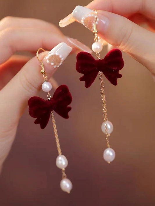 E7170 Aretes moño terciopelo colgante perlas aleacion 5cm