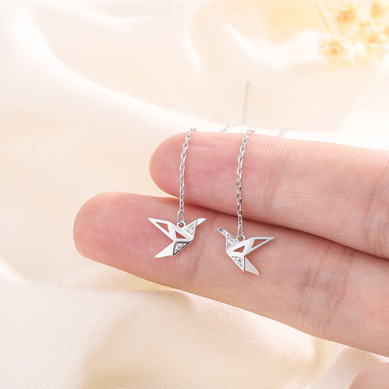 E3591 Aretes colibrí origami violador cobre 8cm