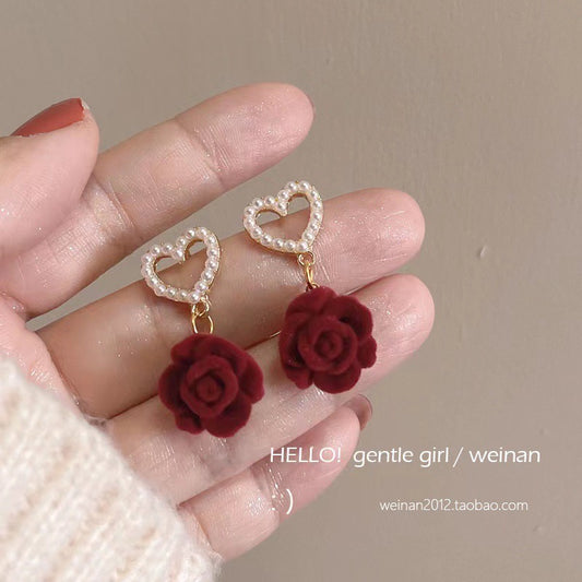 E5906 Aretes flor terciopelo corazón perlas aleacion 3cm