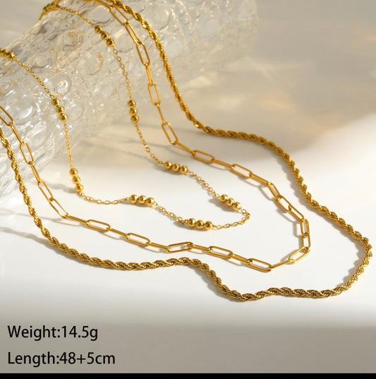 C1268 Collar tres capas doradas acero inoxidable chapado en oro de 18k
