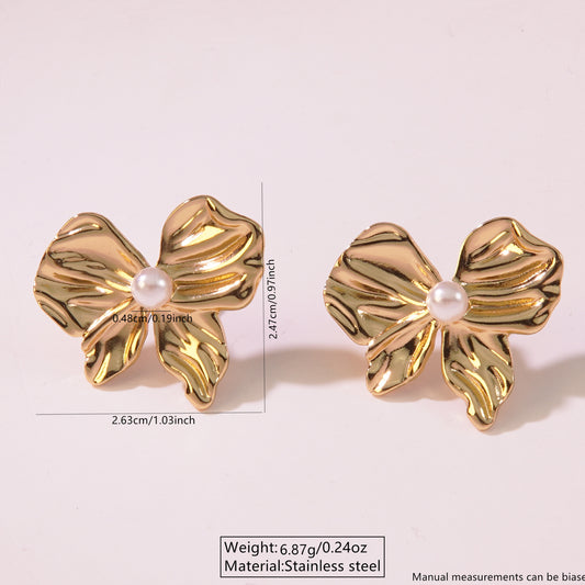 E3194 Aretes moño dorado vintage acero inoxidable 2.4cm