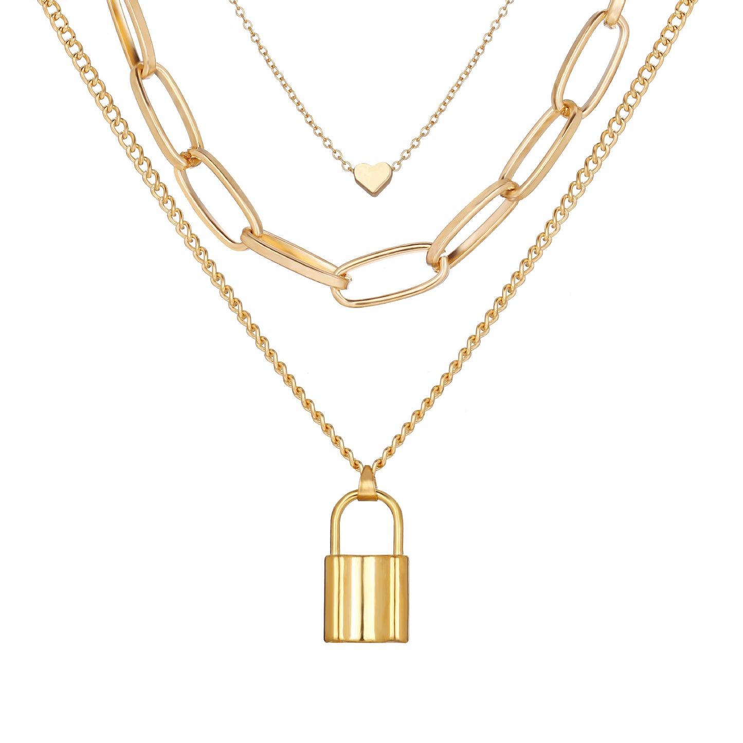 C673 Collar candado triple capa aleacion largo 23cm dije 3cm