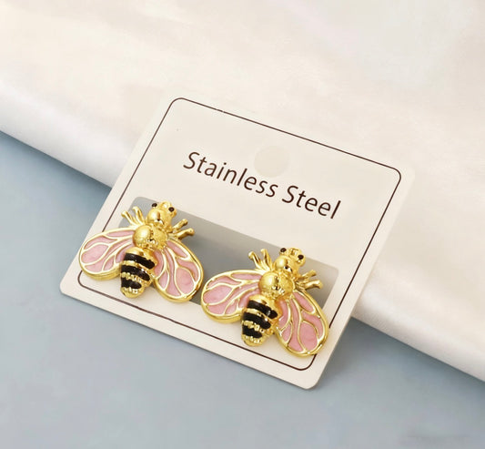 E5763 Aretes abeja rosa acero inoxidable 4cm
