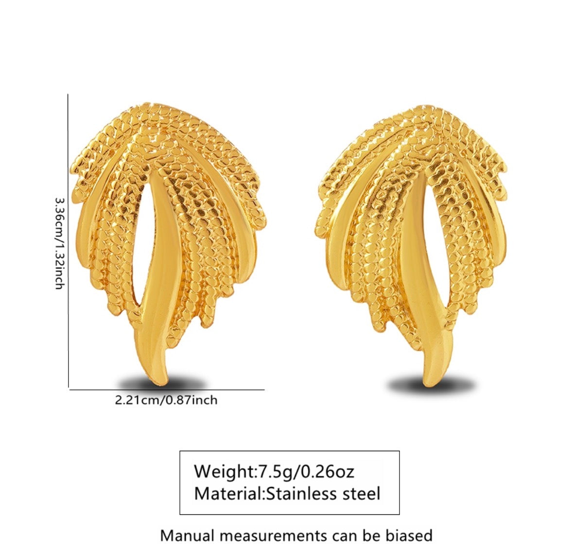 E6024 Aretes pluma dorada acero inoxidable 4cm