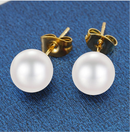 E3390 Aretes perla acero inoxidable chapado en oro de 18k .5cm