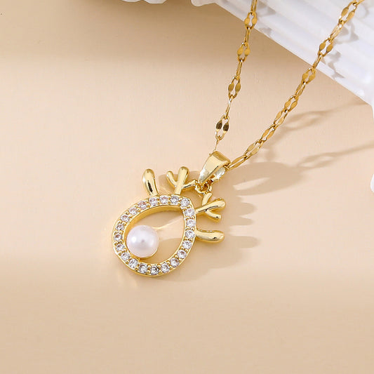 C921 collar reno de Navidad acero inoxidable chapado en oro de 18k 20cm largo 2.5cm dije