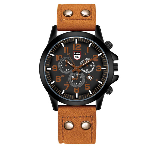 R197 reloj negro redondo hebilla cuero sintetico cafe