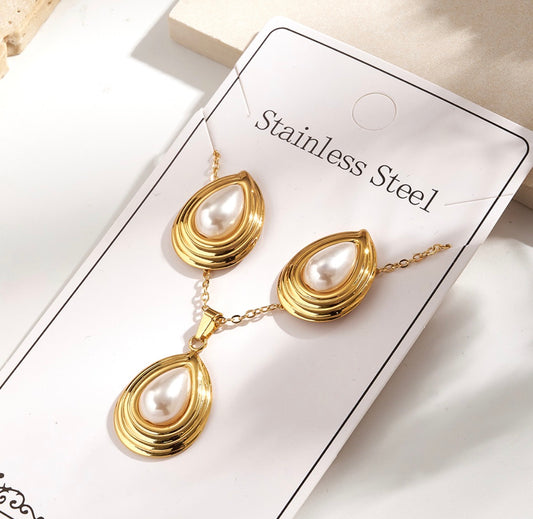 C1251 conjunto de collar y aretes dorados con perla acero inoxidable