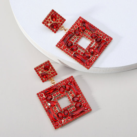 E3166R Aretes cuadro cristal rojo aleacion largo 6.5cm