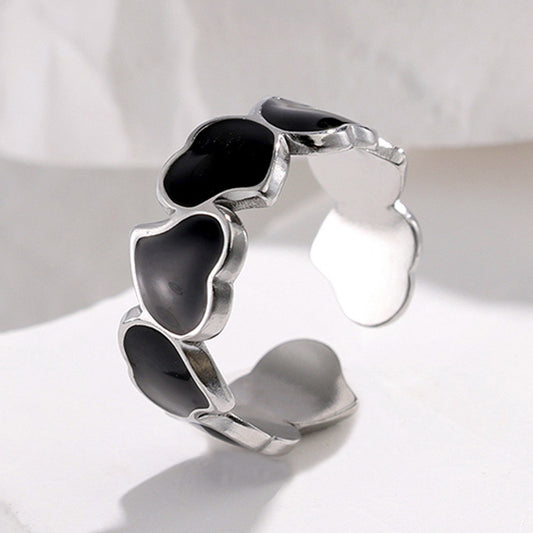 A188 Anillo corazones negros plateado abierto acero inoxidable chapado en oro de 18k