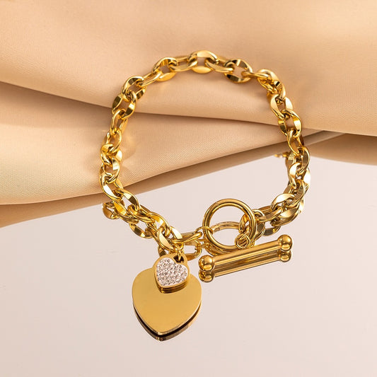 B449 Pulsera corazón dorado acero inoxidable chapado en oro de 18k 20cm