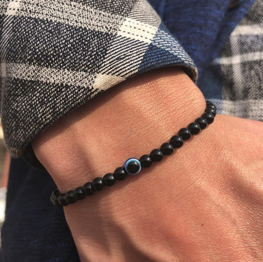 B338 Pulsera caballero piedra natural ojo turco elastica