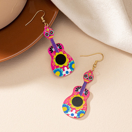 E3798 aretes guitarra día de muertos 5.5cm acrílico