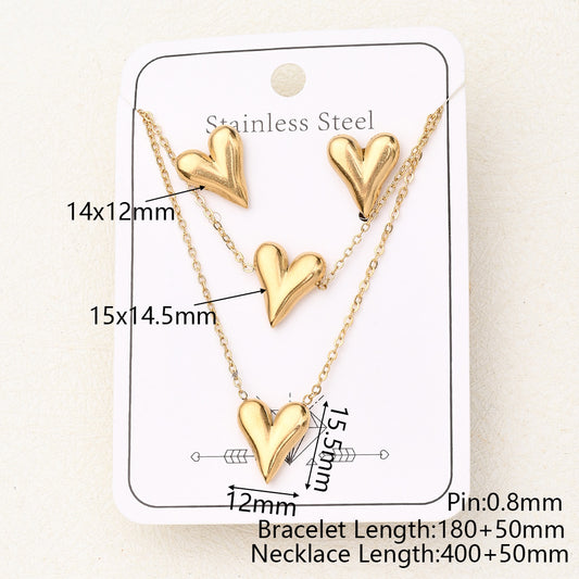 C736 Set aretes y collar de corazon acero inoxidable chapado en oro de 18k
