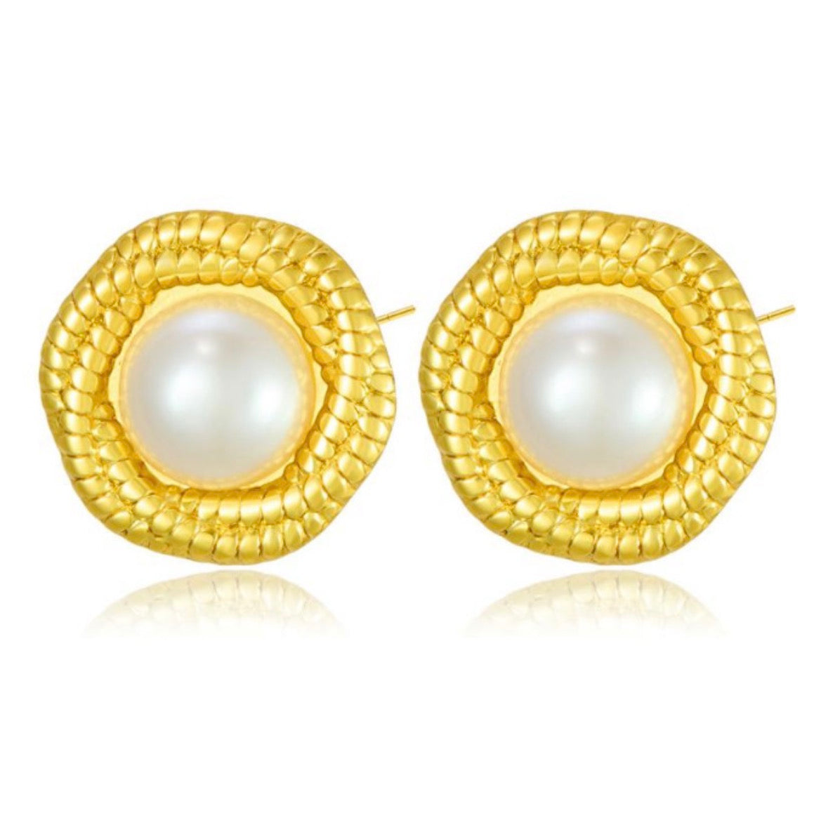 E5469 Aretes Perla contorno dorado acero inoxidable 2cm