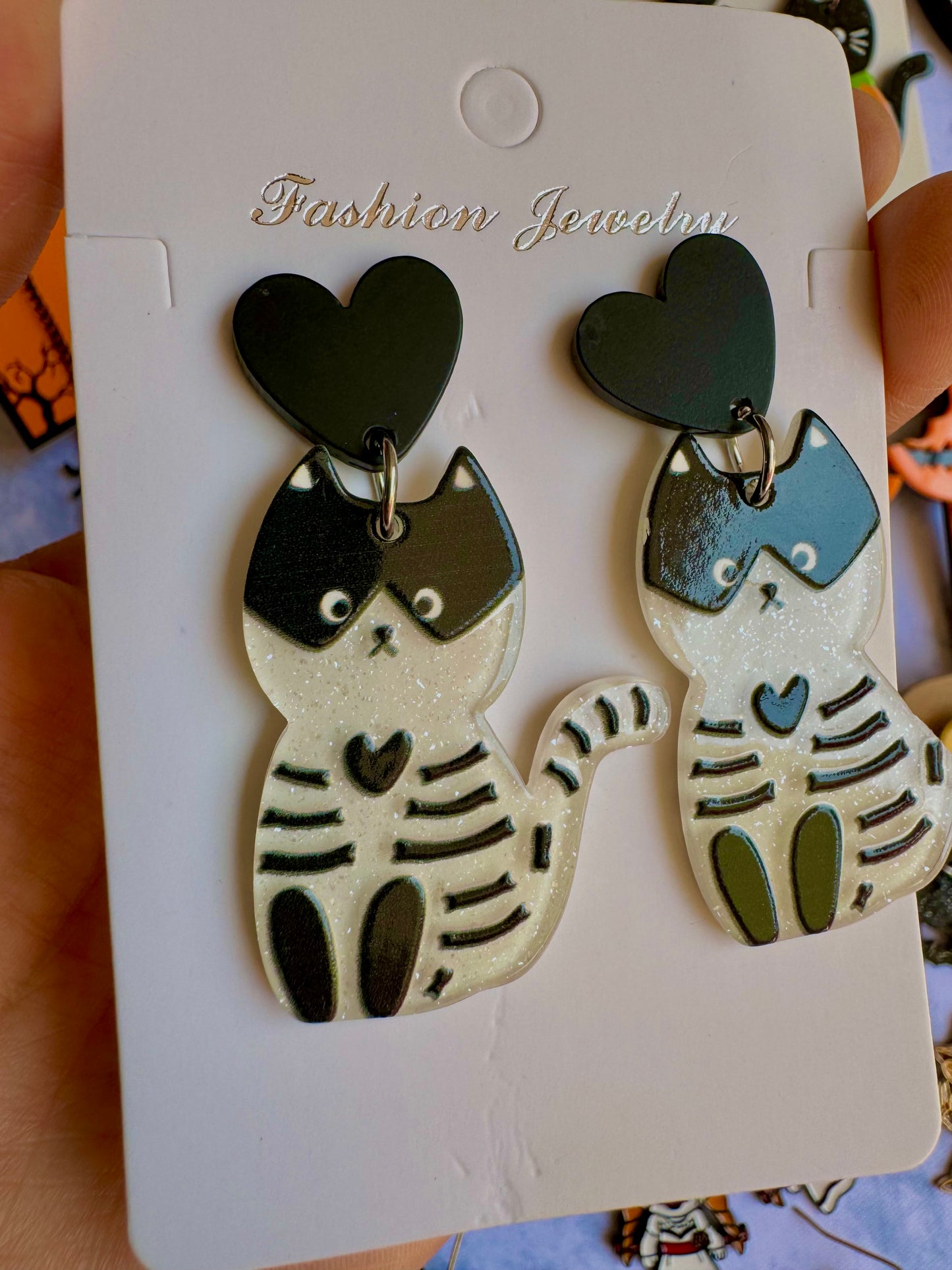 E276W Aretes Gato Esqueleto Halloween