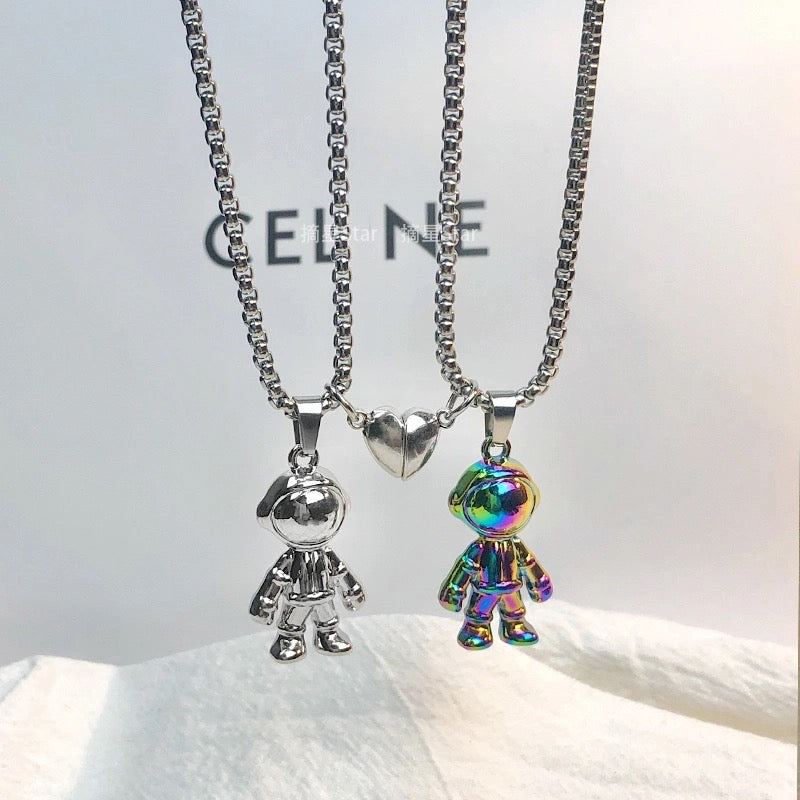 C245 Duo collares pareja enamorado corazon con iman astronautas