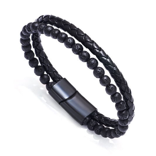 B312V Pulsera piedra roca volcanica negra cuero sintetico 19cm