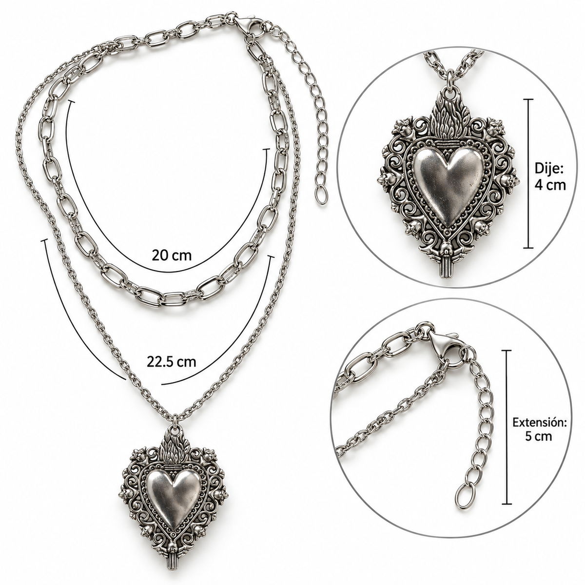C055 collar doble cadena corazon aleacion