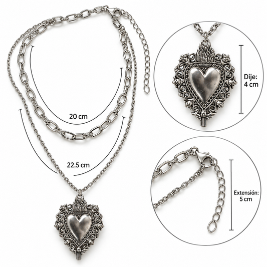 C055 collar doble cadena corazon aleacion