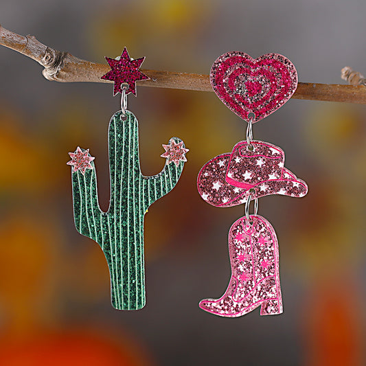 E3712 Aretes cactus botas rosa acrílico 6cm