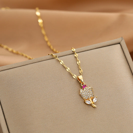 C562 Collar tulipan acero inoxidable chapado en oro 18k dije cobre largo 23cm dije 2cm