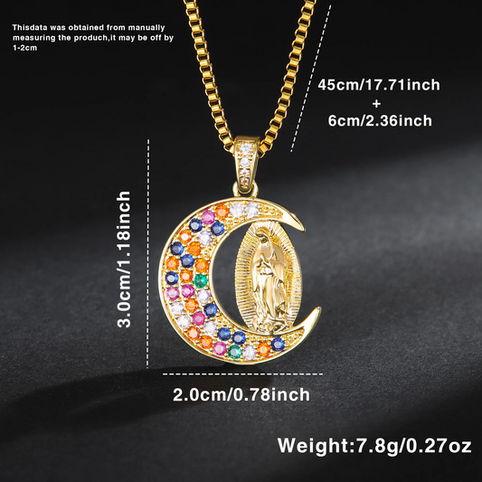 C906 Collar virgen de Guadalupe luna acero inoxidable chapado en oro de 18k 20cm largo 2cm dije
