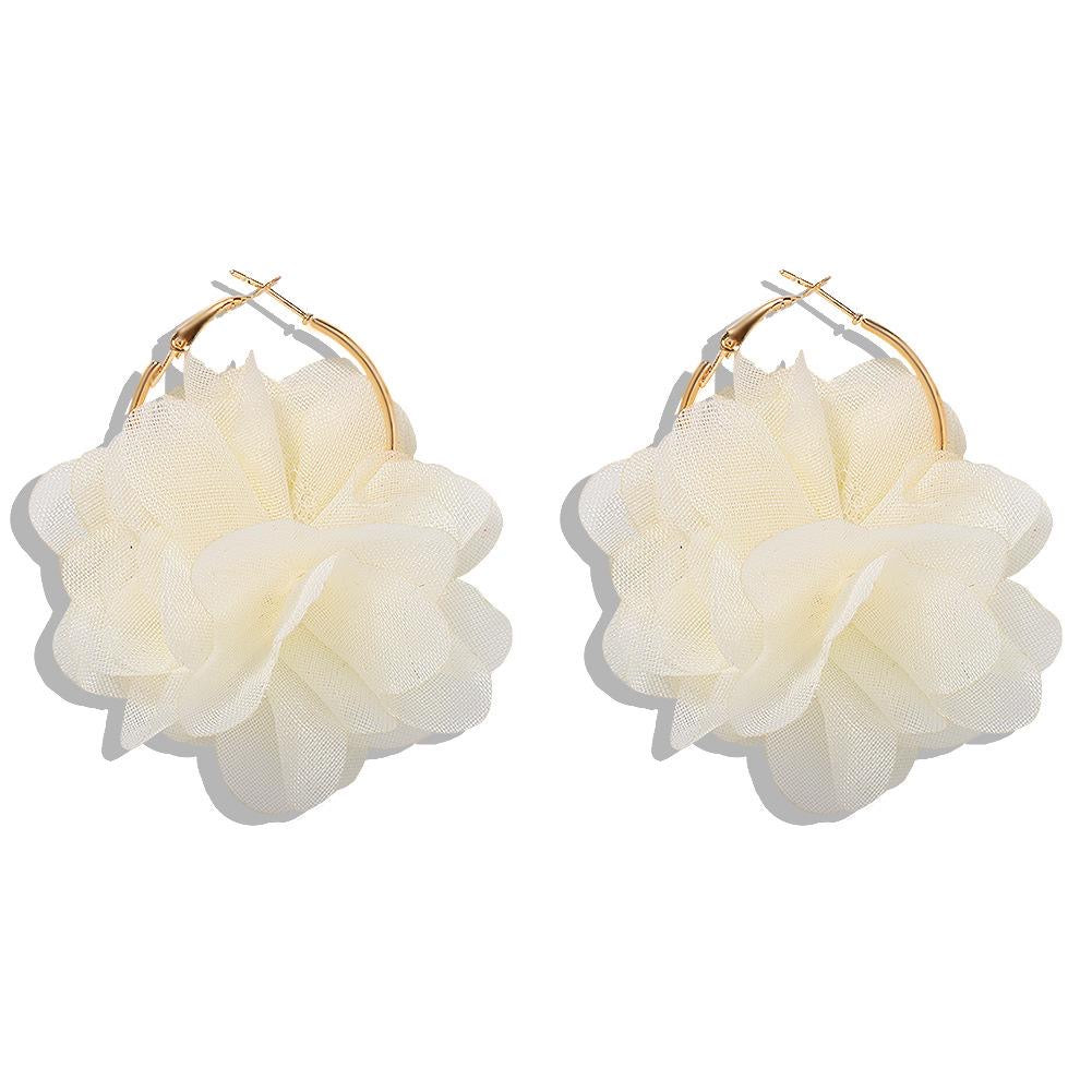 E7226 Aretes flor blanca aro dorado aleacion 6cm