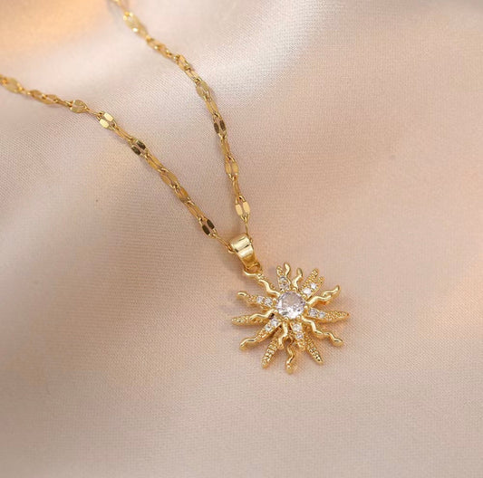 C1592 Collar flor dorada elegante acero inoxidable 24cm largo 2cm dije