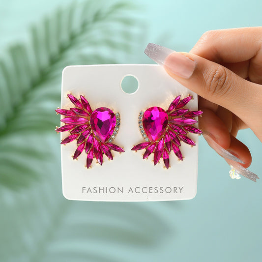 E3866 Aretes flor cristal color fucsia aleacion 4.5cm