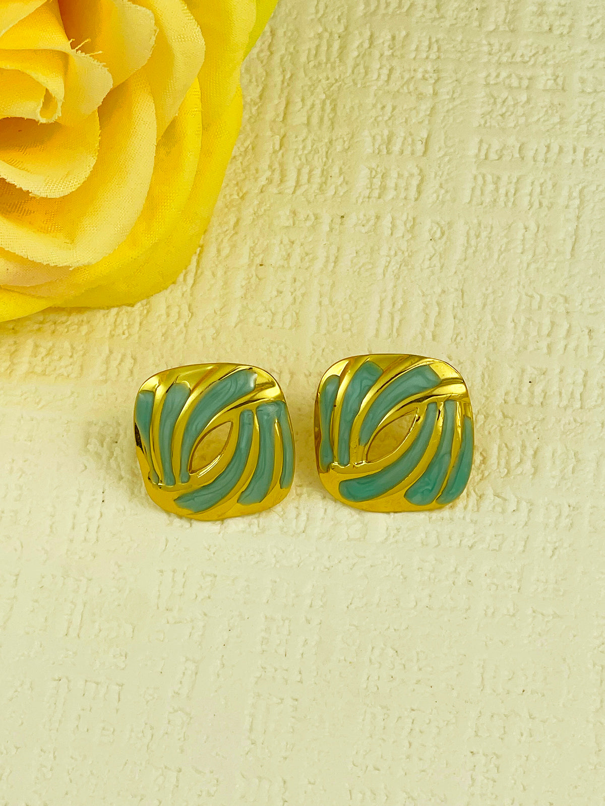 E7197 Aretes cuadro dorados con azul acero inoxidable 3cm