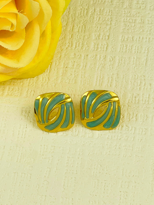 E7197 Aretes cuadro dorados con azul acero inoxidable 3cm