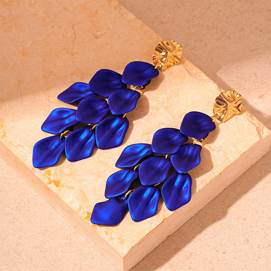 E7154 Aretes pétalos azul rey   en forma rombo aleacion 9cm