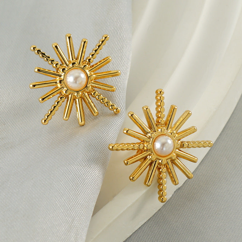 E5975 Aretes estrella dorados perla acero inoxidable 3cm