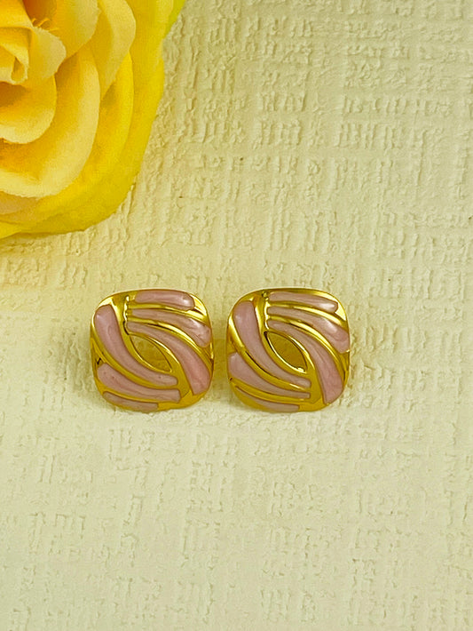 E7197 Aretes cuadro dorados con rosa acero inoxidable 3cm