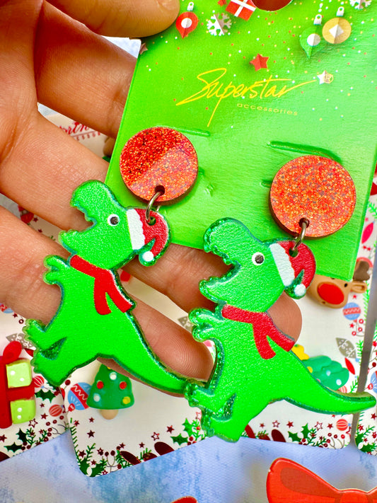 E1884D Aretes Navidad dinosaurio acrílico ligeros 5cm