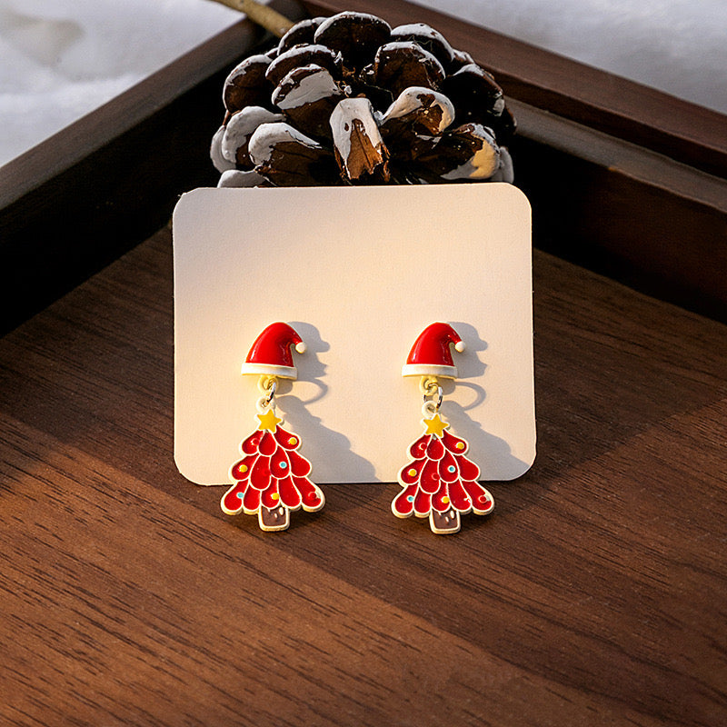 E4492 Aretes árbol de navidad rojo aleacion esmaltado 2.5cm