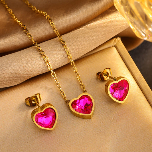 C747 set de collar y aretes corazón rosa acero inoxidable chapado en oro de 18k 23cm largo dije 1.5cm