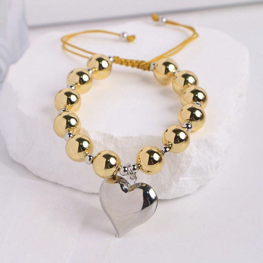 B408 Pulsera cuencas doradas corazon plateado cubierta de cobre ajustable