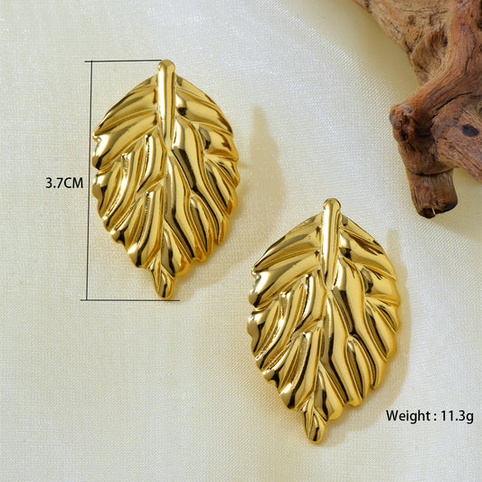 E3257 Aretes hoja dorada acero inoxidable chapado en oro 18k 3.5cm